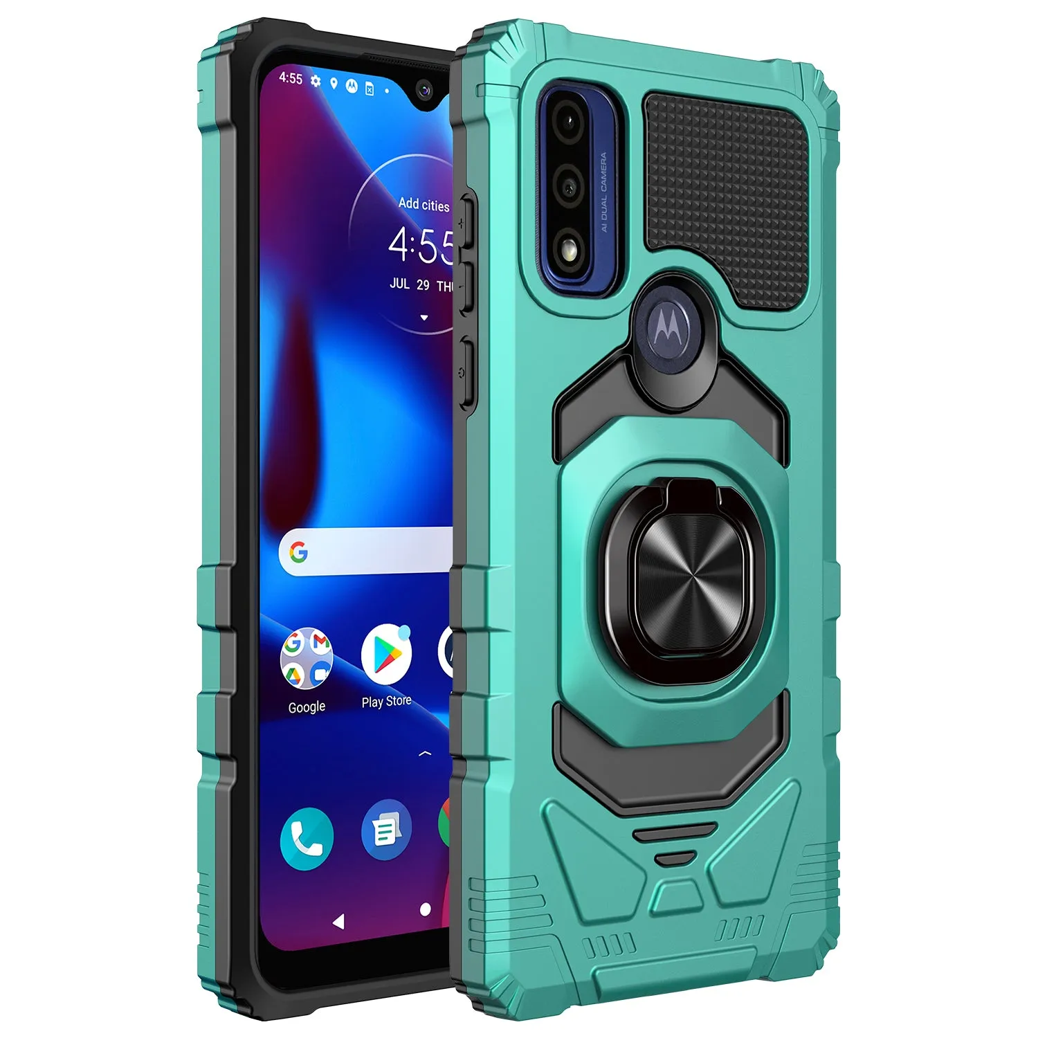 For Motorola moto g Pure Case with Tempered Glass Screen Protector Hybrid Ring Shockproof Hard Case Phone Cover - Teal