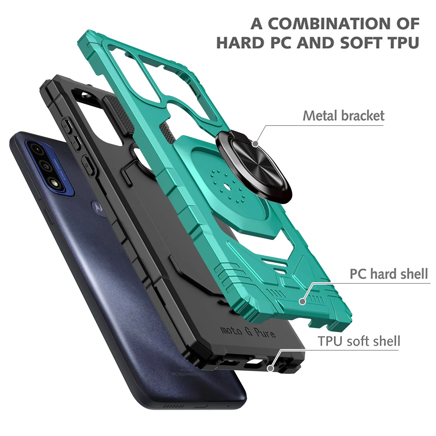 For Motorola moto g Pure Case with Tempered Glass Screen Protector Hybrid Ring Shockproof Hard Case Phone Cover - Teal