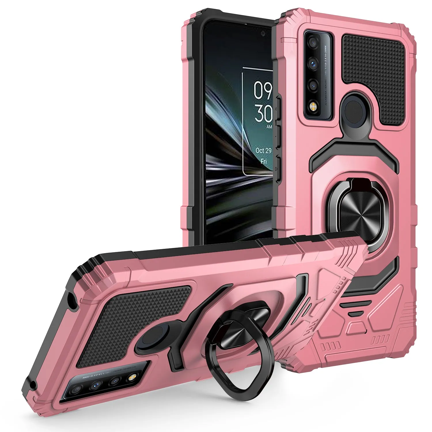 For TCL 20 XE Case [Military Grade] Ring Car Mount Kickstand w/[Tempered Glass] Hybrid Hard PC Soft TPU Shockproof Protective Case - Rose Gold