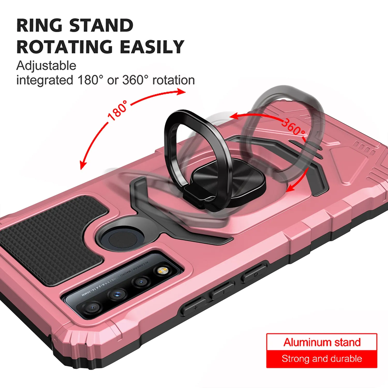 For TCL 20 XE Case [Military Grade] Ring Car Mount Kickstand w/[Tempered Glass] Hybrid Hard PC Soft TPU Shockproof Protective Case - Rose Gold