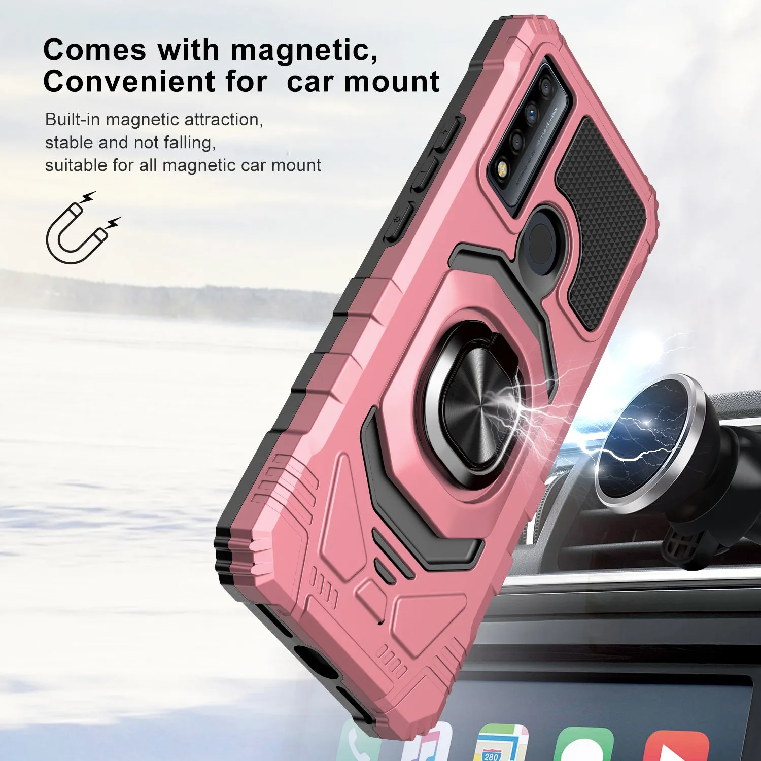 For TCL 20 XE Case [Military Grade] Ring Car Mount Kickstand w/[Tempered Glass] Hybrid Hard PC Soft TPU Shockproof Protective Case - Rose Gold