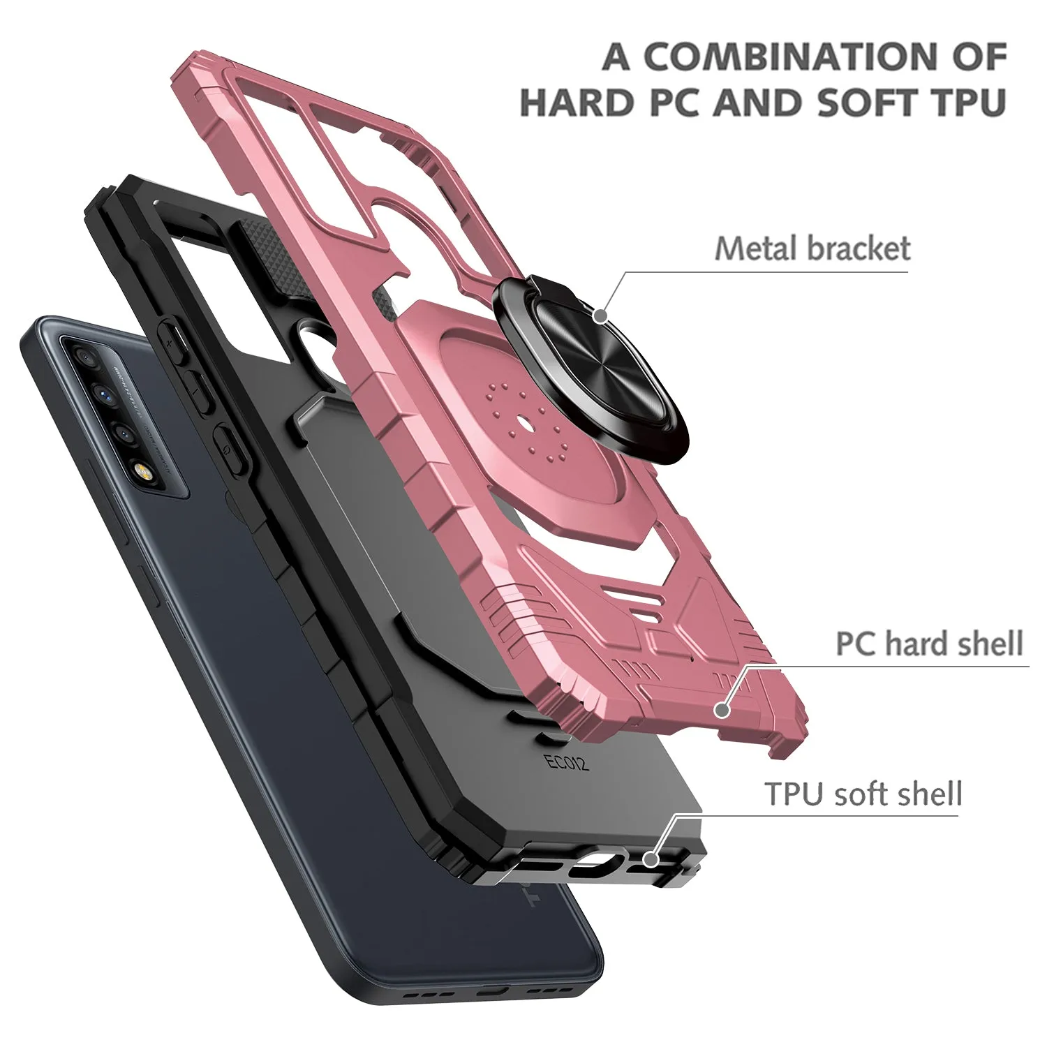 For TCL 20 XE Case [Military Grade] Ring Car Mount Kickstand w/[Tempered Glass] Hybrid Hard PC Soft TPU Shockproof Protective Case - Rose Gold