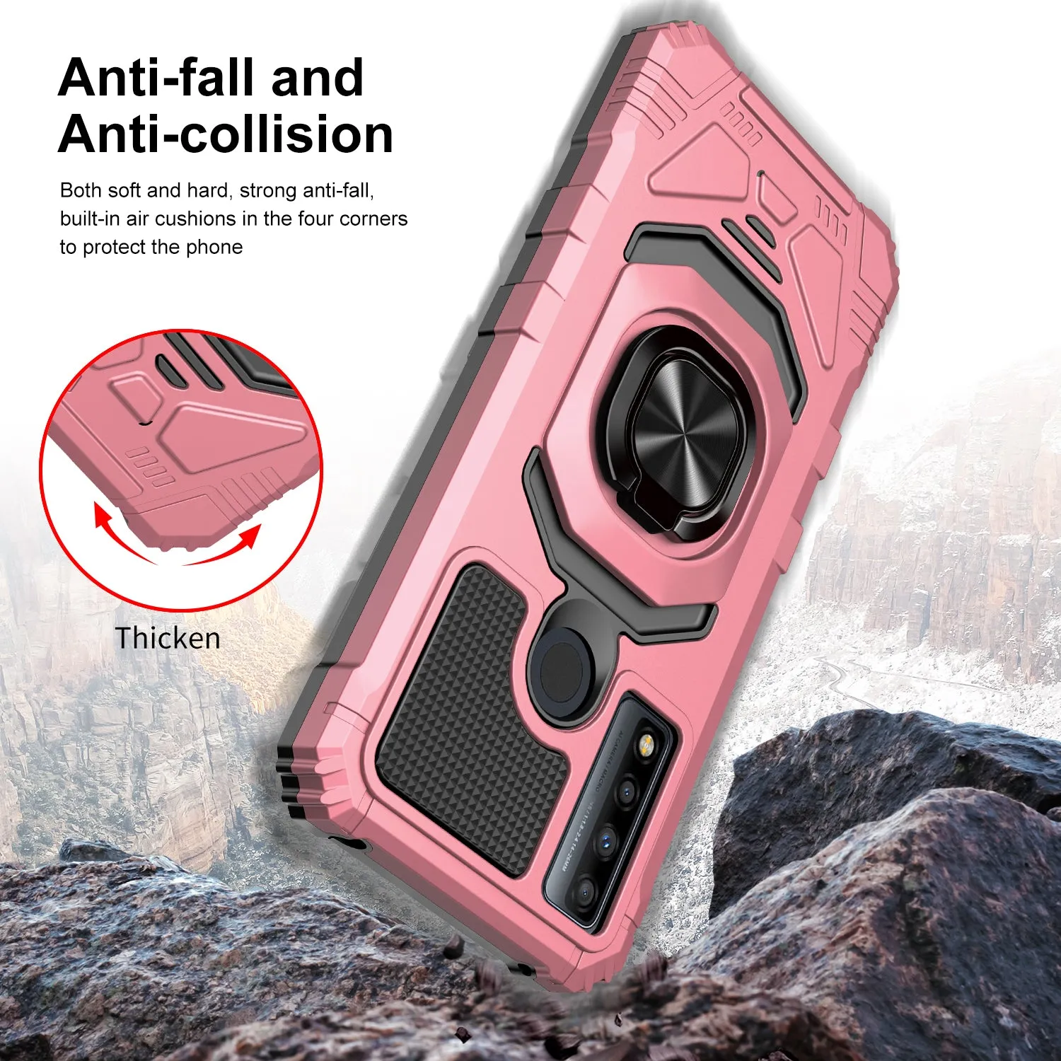 For TCL 20 XE Case [Military Grade] Ring Car Mount Kickstand w/[Tempered Glass] Hybrid Hard PC Soft TPU Shockproof Protective Case - Rose Gold