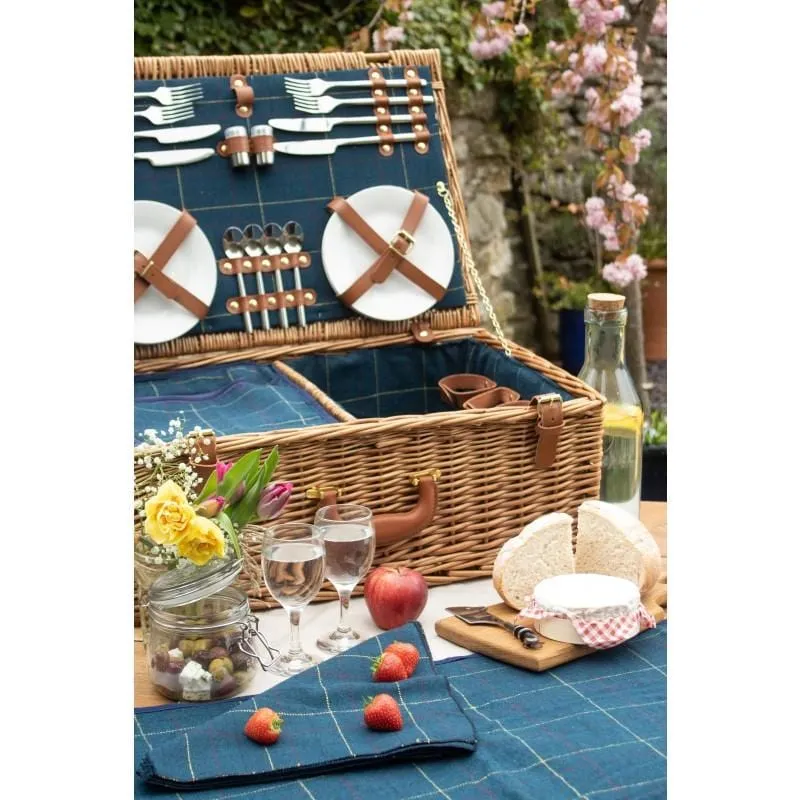 Fully Fitted Picnic Basket Hamper in Blue Tweed For Four 063 by Willow