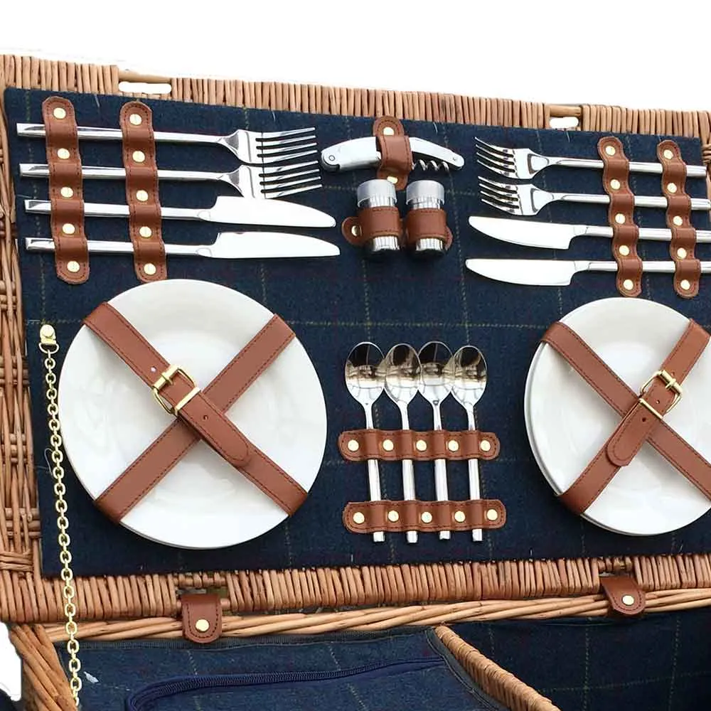 Fully Fitted Picnic Basket Hamper in Blue Tweed For Four 063 by Willow