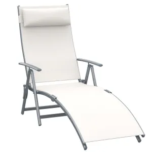 Garden Lounger Steel Frame Outdoor Folding Chaise Recliner with Headrest & 7 Levels Adjustable Backrest 81.5L x 20.5W x 64.5H Cream White