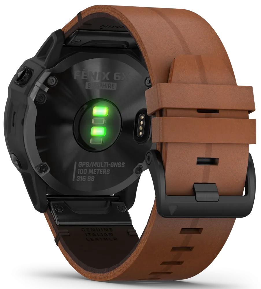 Garmin Watch Fenix 6X Sapphire Black DLC Brown Leather Band D