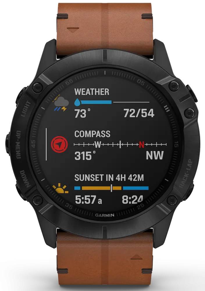 Garmin Watch Fenix 6X Sapphire Black DLC Brown Leather Band D