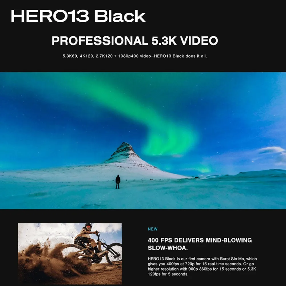 GoPro HERO13 Black Action Camera 5.3K / 4K / 2.7K / 1080P Resolution / HyperSmooth 6.0 / HDR Video / 10-bit Color / 2x Zoom