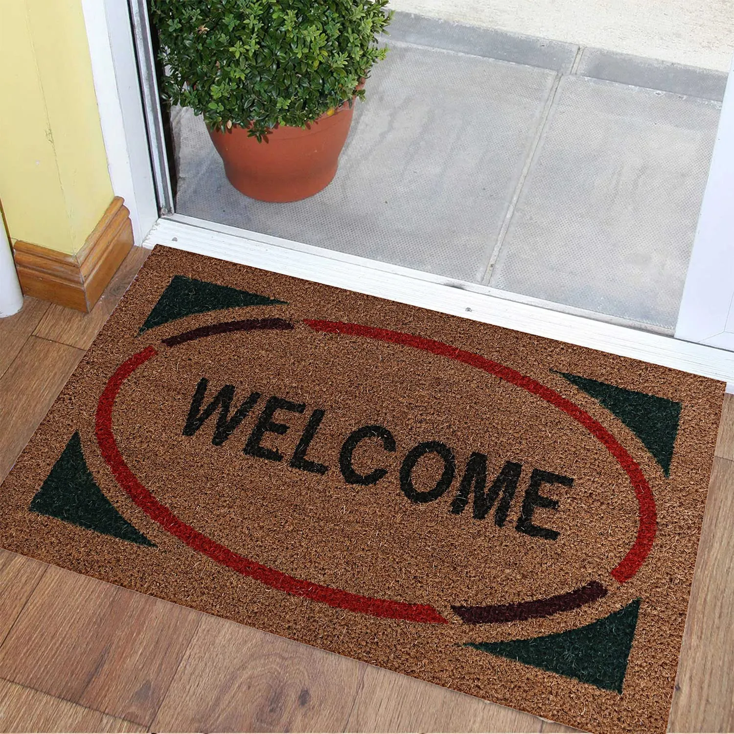 Heart Home Door Mat|Polyethylene Durable & Anti-Slip Natural Oval Welcome Print Floor Mat|Rug for Indoor or Outdoor, 30x20 Inch (Brown)