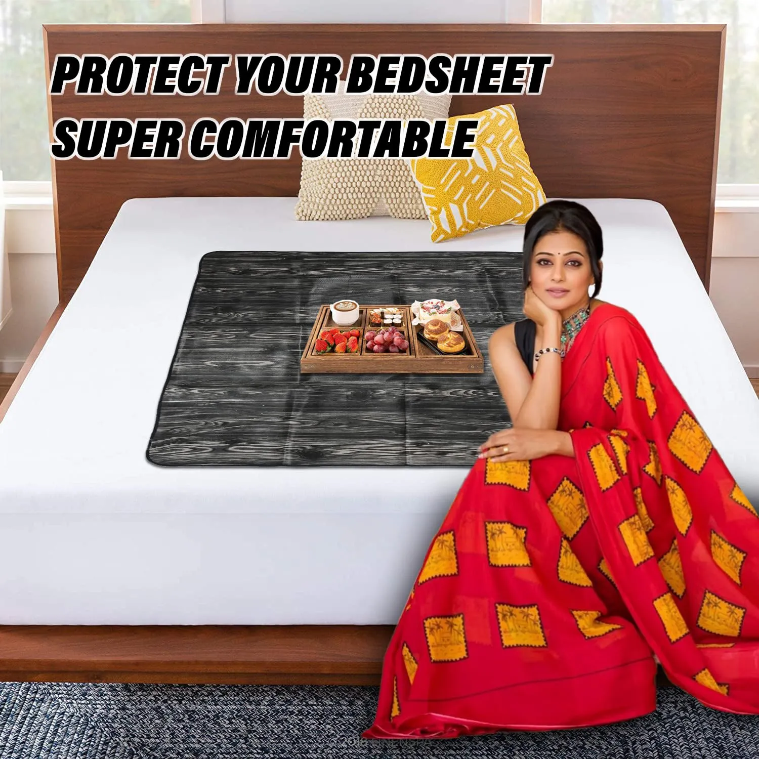 Heart Home Food Mat | Wooden Texture Bed Server | Laminated Bed Protector for Home | Bed Server for Bedsheet | 36 Inch | Black