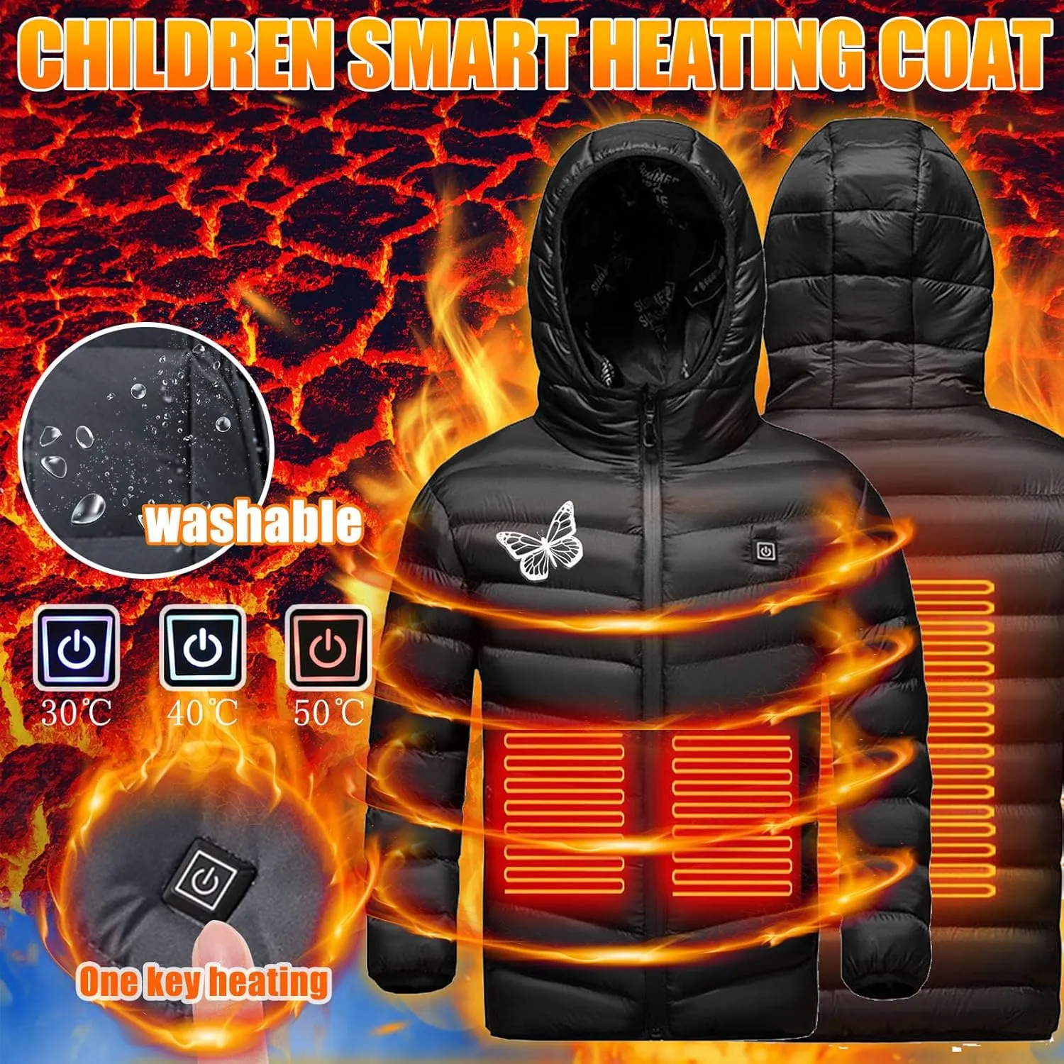 Heated Jackets for Boys Girls, USB Rechargeable Electric Hooded Heated Jacket Heating Warm Coat Waterproof Outwear