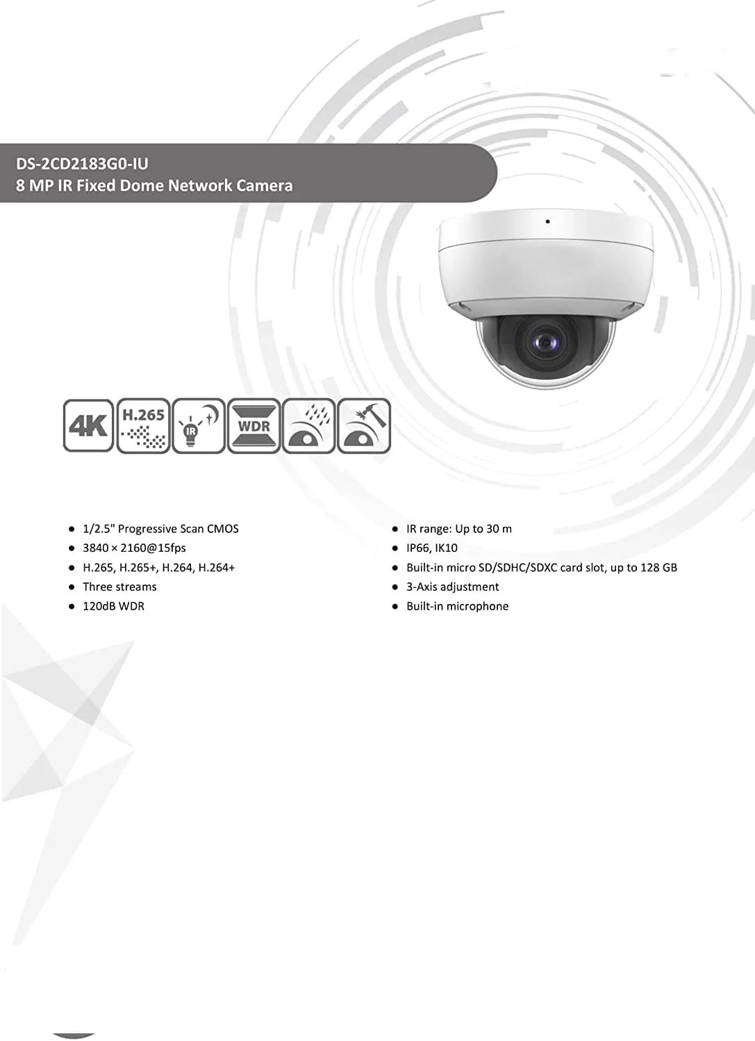 Hikvision DS-2CD2183G0-IU 4K 8MP IP Camera 2.8mm PoE Vandal Dome Camera Built in Microphone IR IP67 IK10 H.265  English Version Compatible with Hik Vision NVR