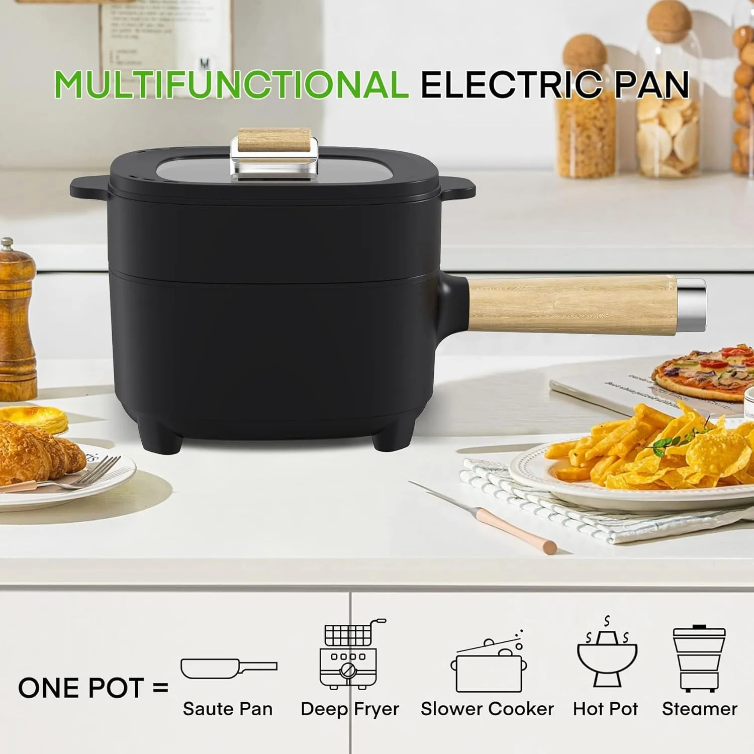 Hot Pot Electric 2L, Cermic Glaze Non-Stick Frying Pan 8 Inch, Portable Travel Cooker for Ramen/Steak/Fried Rice/Oatmeal/Soup