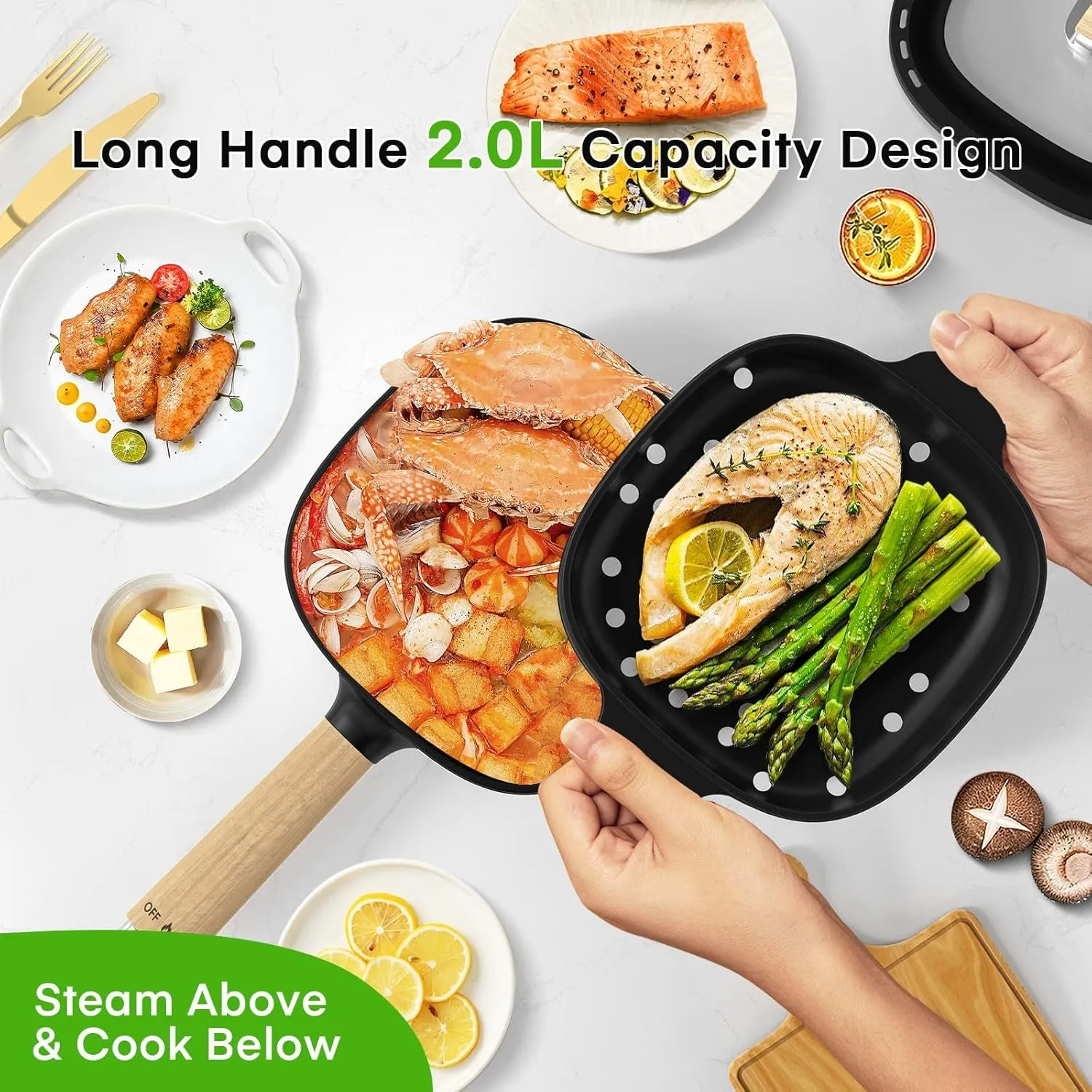 Hot Pot Electric 2L, Cermic Glaze Non-Stick Frying Pan 8 Inch, Portable Travel Cooker for Ramen/Steak/Fried Rice/Oatmeal/Soup