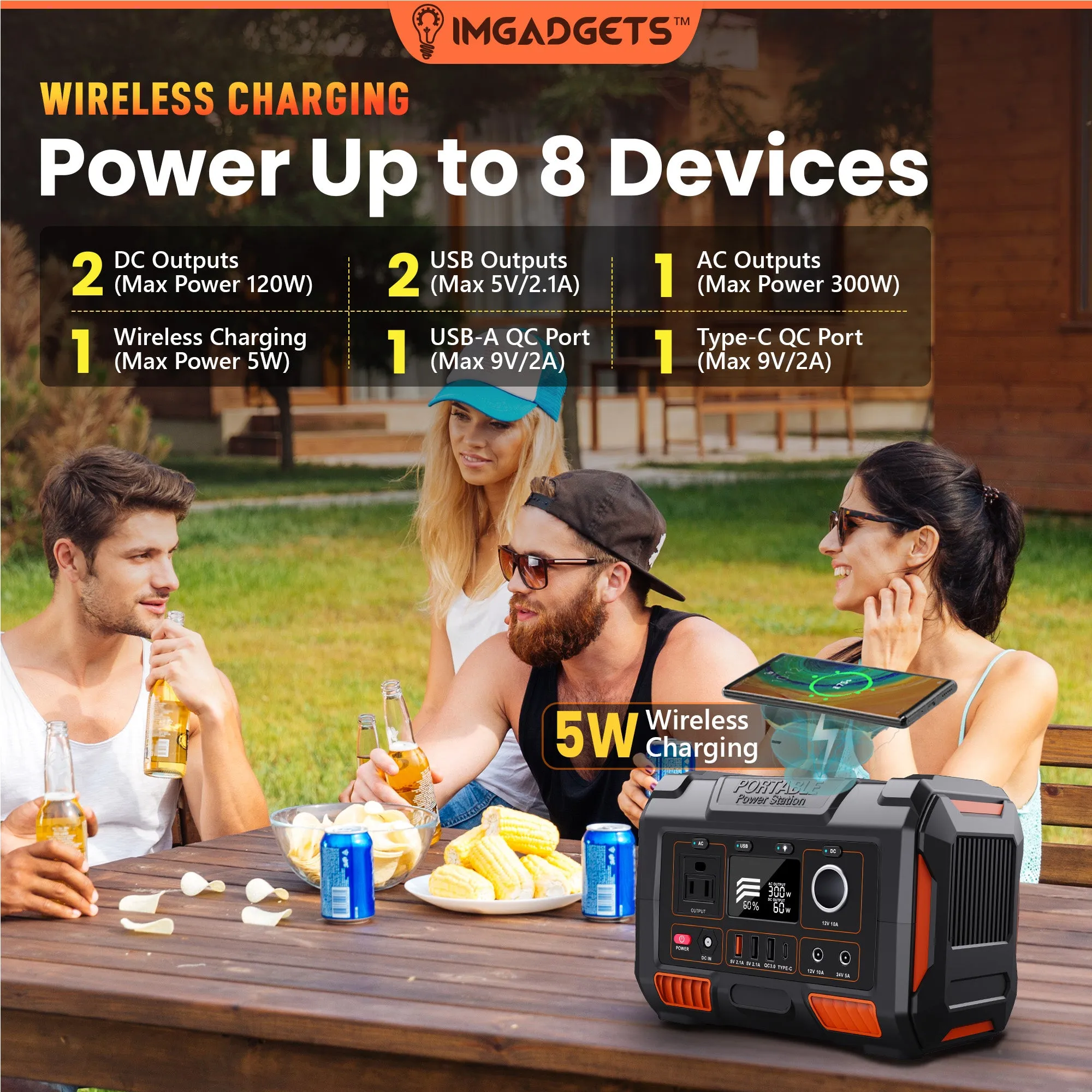 IMGadgets 288 Wh Portable Power Station, 300W Peak Generator with multiple outputs: DC, AC, USB output, LED Flashlight for Outdoor, Home, Camping, Emergency Backup, 3 Charging methods