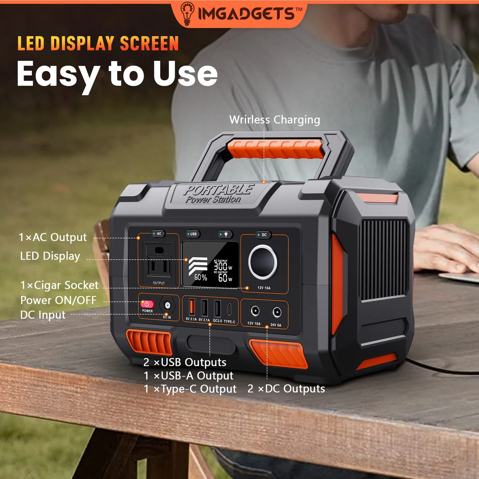 IMGadgets 288 Wh Portable Power Station, 300W Peak Generator with multiple outputs: DC, AC, USB output, LED Flashlight for Outdoor, Home, Camping, Emergency Backup, 3 Charging methods