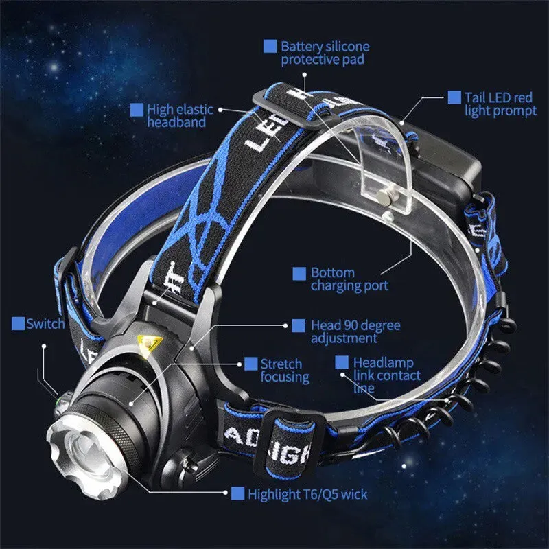 Induction Headlight LED Outdoor T6 Telescopic Zoom Long Range Charging Focusing Strong Light Head Wearing Flashlight