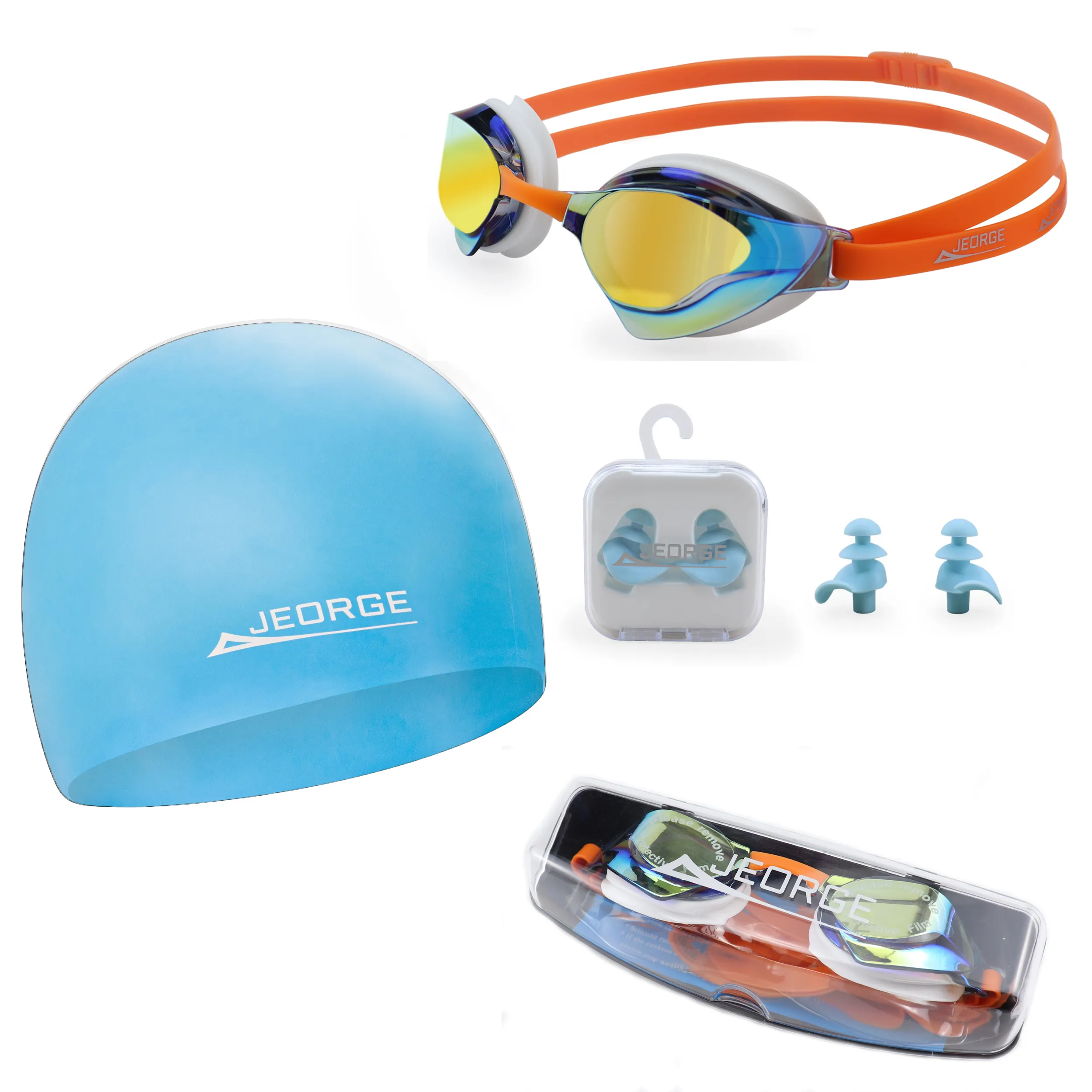 JEORGE Wide Vision Goggle   Silicon Swim Cap   Ear Plugs   Swim Bag Combo