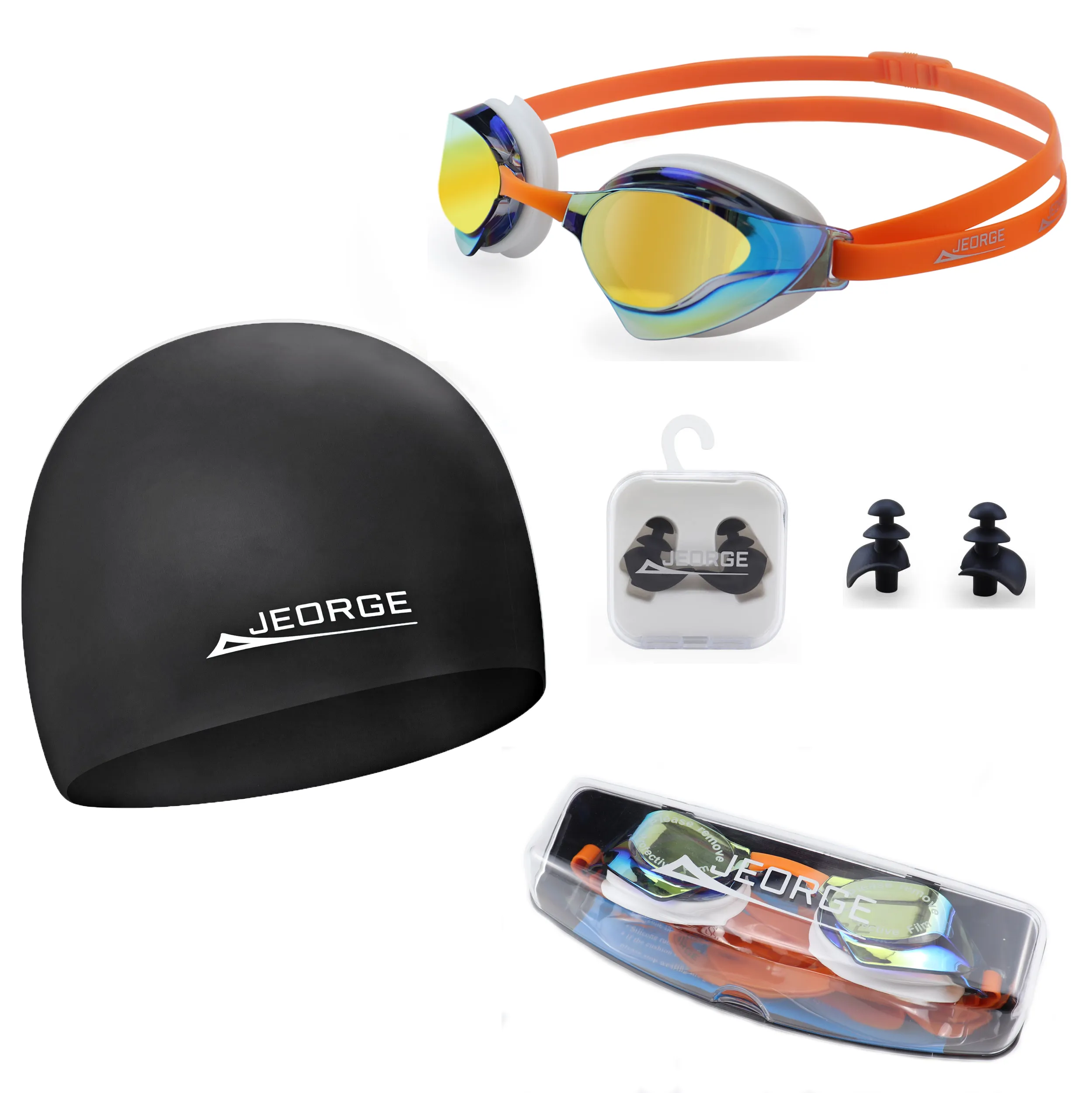 JEORGE Wide Vision Goggle   Silicon Swim Cap   Ear Plugs   Swim Bag Combo