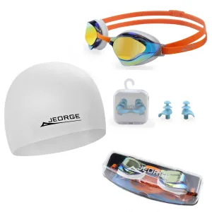 JEORGE Wide Vision Goggle   Silicon Swim Cap   Ear Plugs   Swim Bag Combo