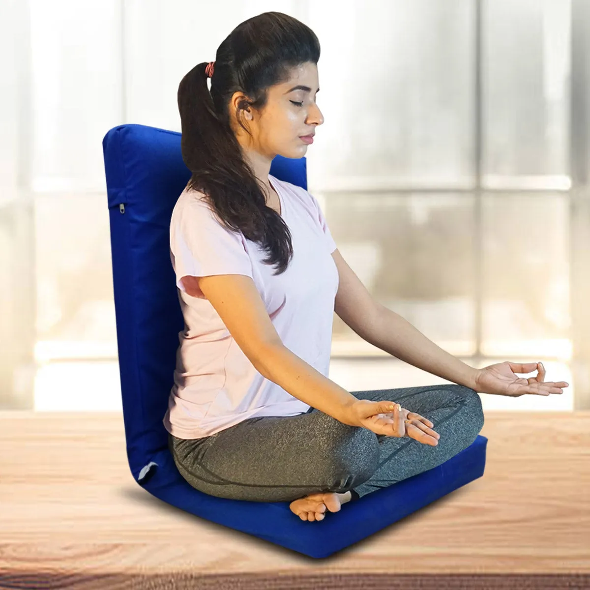 Kawachi Adjustable Back Support Relax Recliner Floor Chair Sofa with Cushion I116 (Blue, Standard Size)
