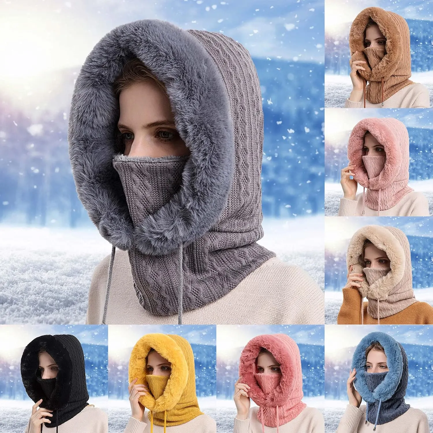 Knit Hats for Women Winter One Piece Beanie Hat Fleece Balaclavas Face Mask Slouchy Hats Neck Scarf Set