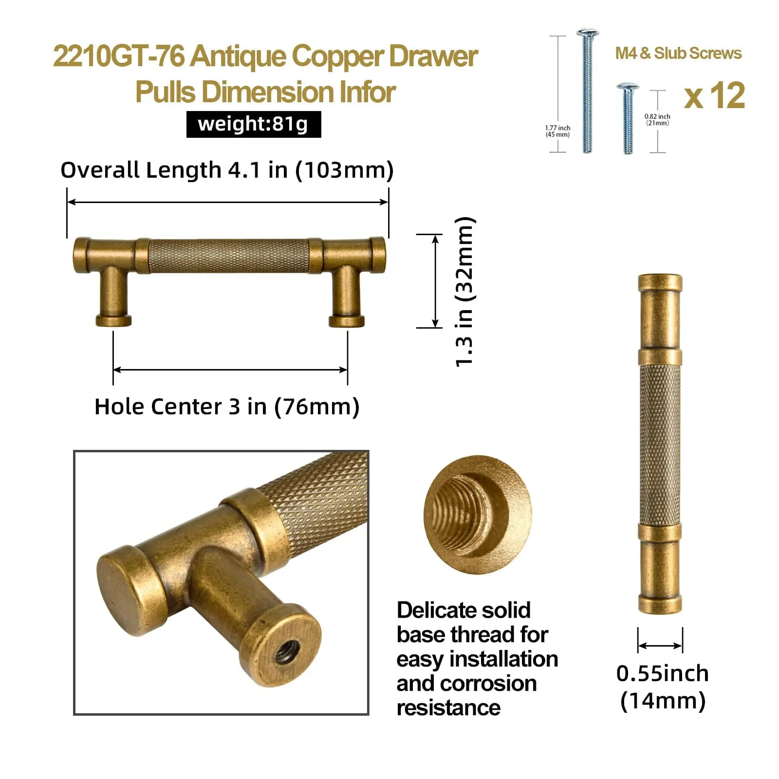 Knurled Metal Alloy Vintage Bronze Bar Pull Kitchen Hardware