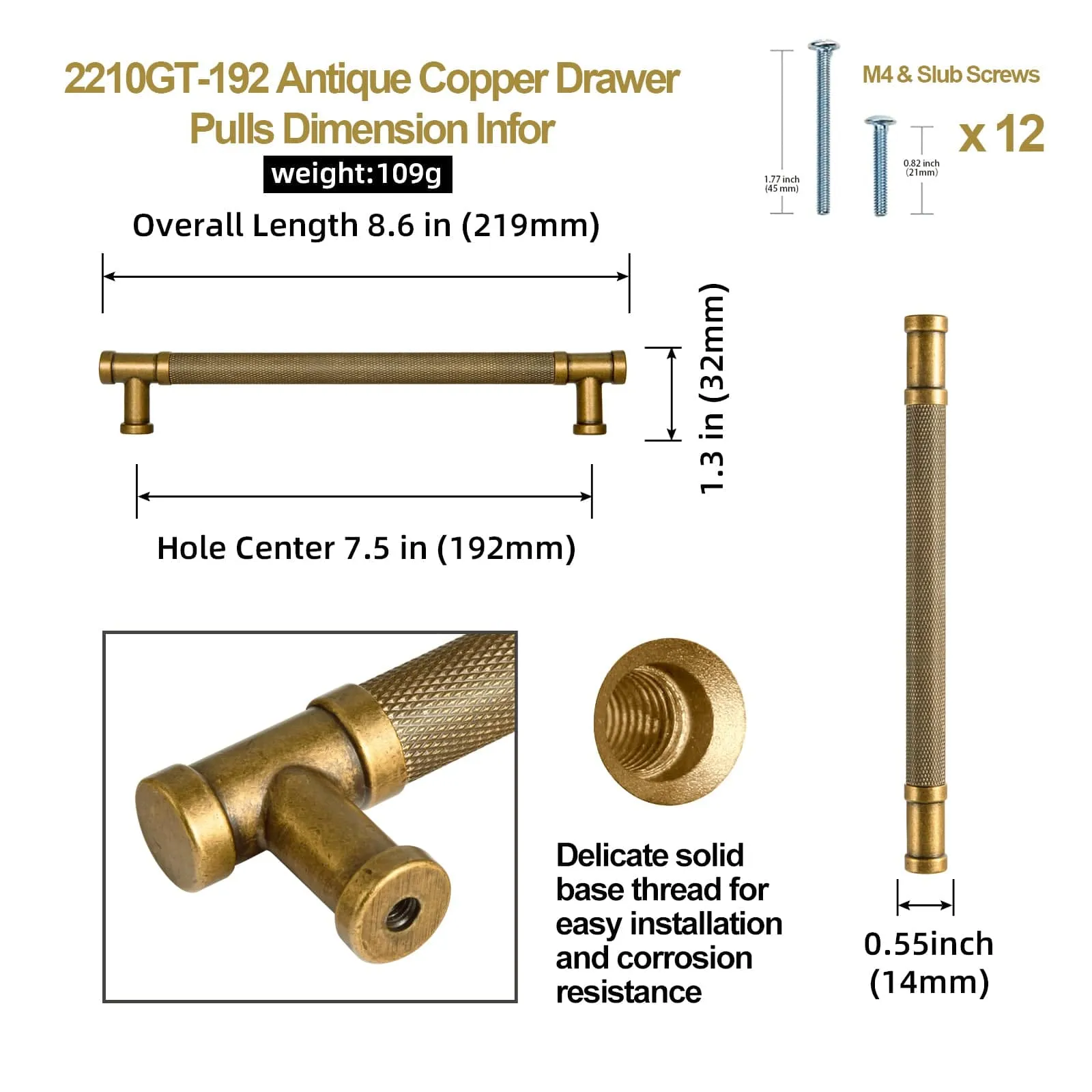 Knurled Metal Alloy Vintage Bronze Bar Pull Kitchen Hardware