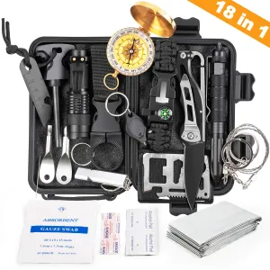 KOSIN Survival Gear, 18 in 1 Emergency Survival Kit, Professional Tactical Defense Equitment Tool with Knife Blanket Bracelets Backpack Temperature Compass Fire Starter for Adventure Outdoors Sport