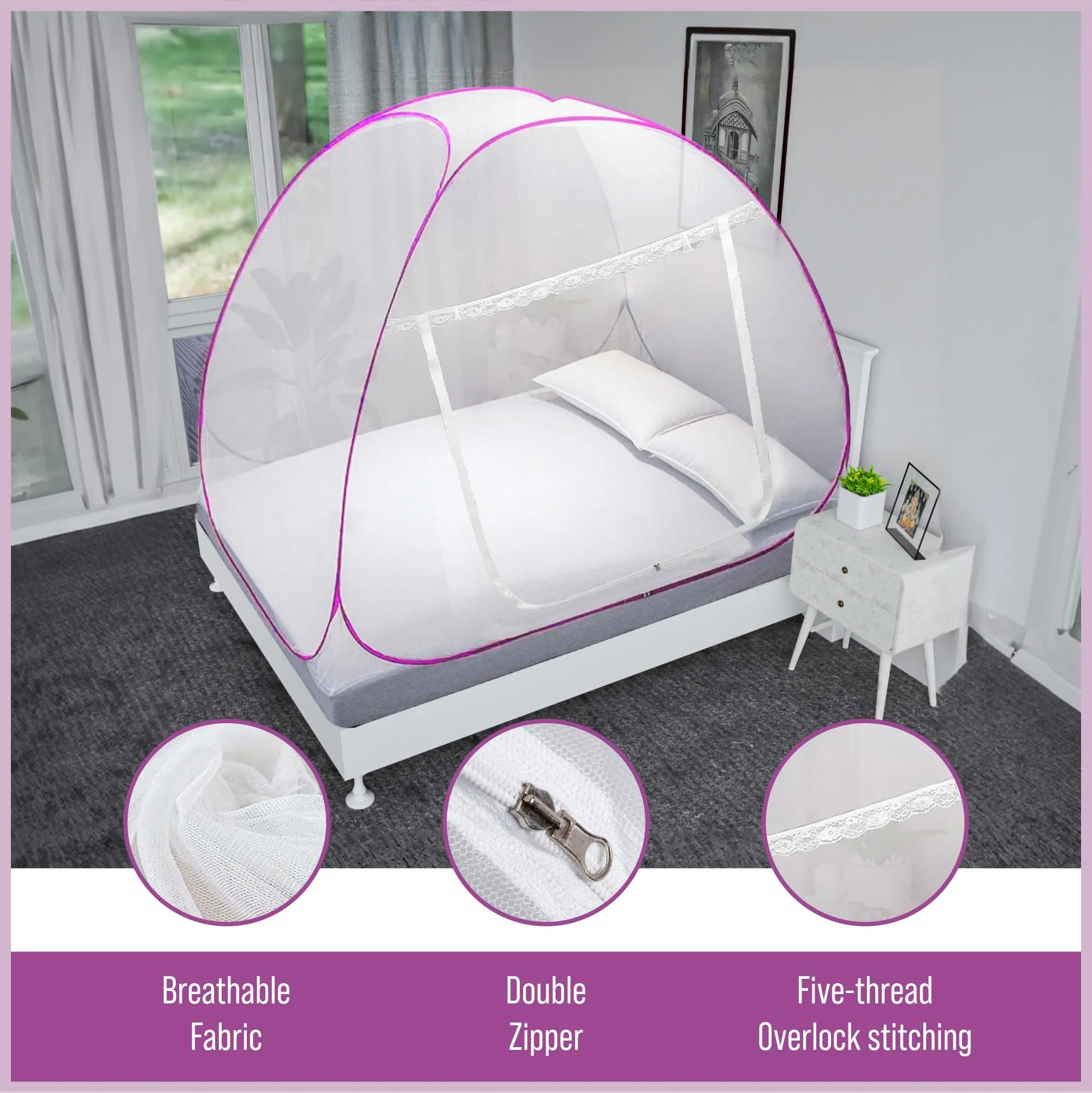 Kuber Industries Mosquito Net | Nylon Double Bed Mosquito Net | Foldable Machardani | Mosquito Net for Bedroom | Outdoor Trip Mosquito Net | 6.5x6.5 Feet | Pink