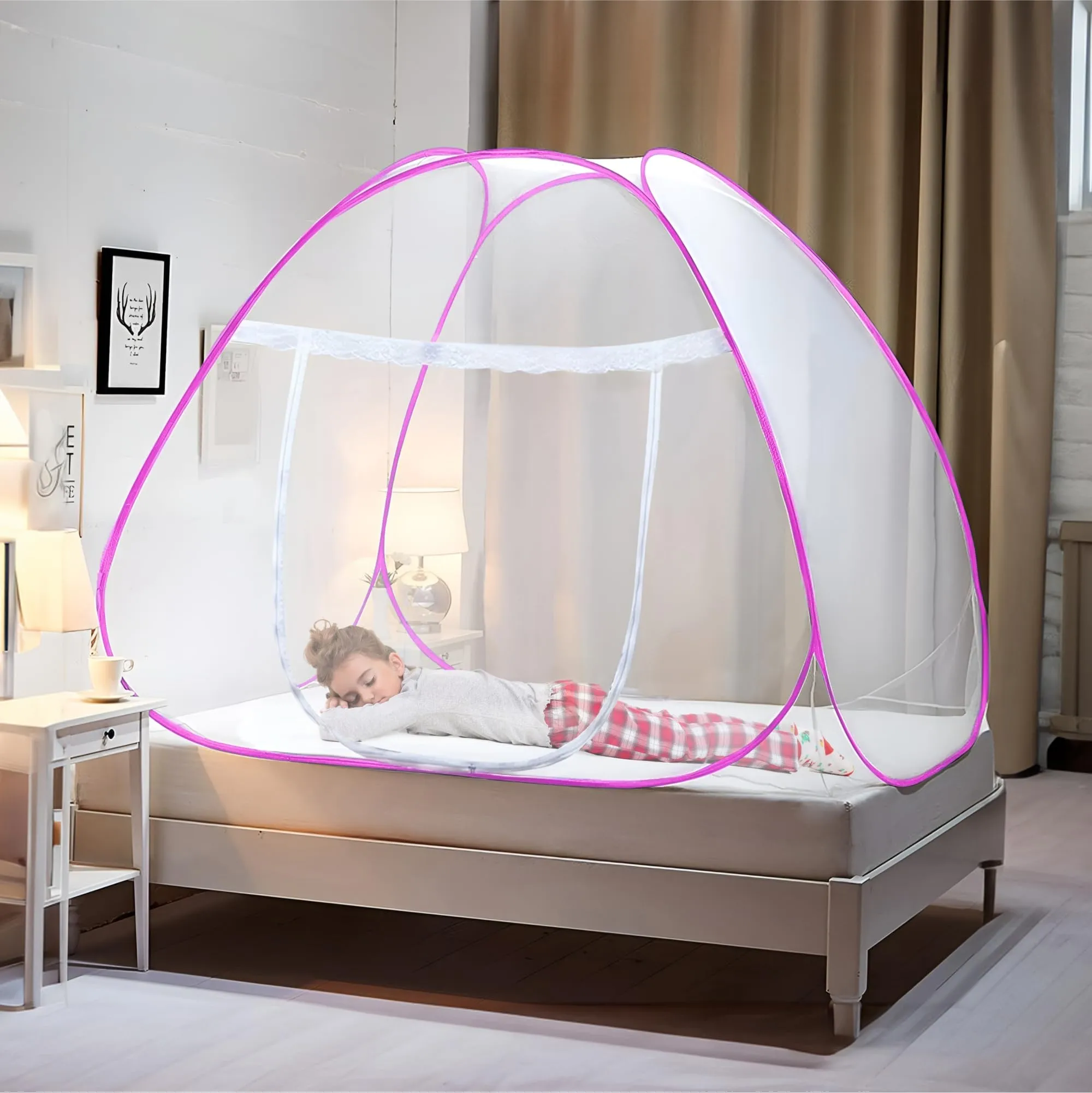 Kuber Industries Mosquito Net | Nylon Double Bed Mosquito Net | Foldable Machardani | Mosquito Net for Bedroom | Outdoor Trip Mosquito Net | 6.5x6.5 Feet | Pink