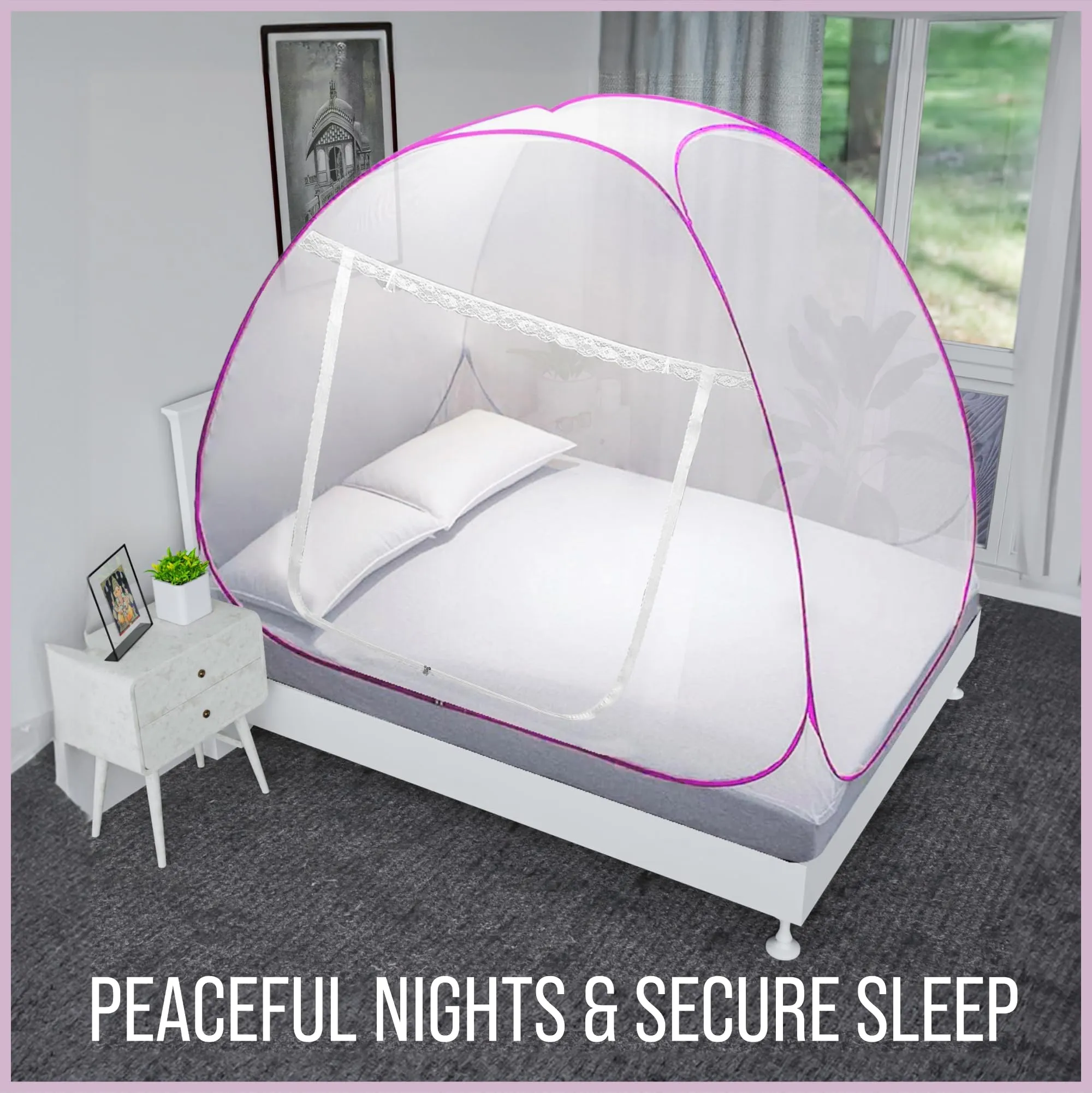 Kuber Industries Mosquito Net | Nylon Double Bed Mosquito Net | Foldable Machardani | Mosquito Net for Bedroom | Outdoor Trip Mosquito Net | 6.5x6.5 Feet | Pink