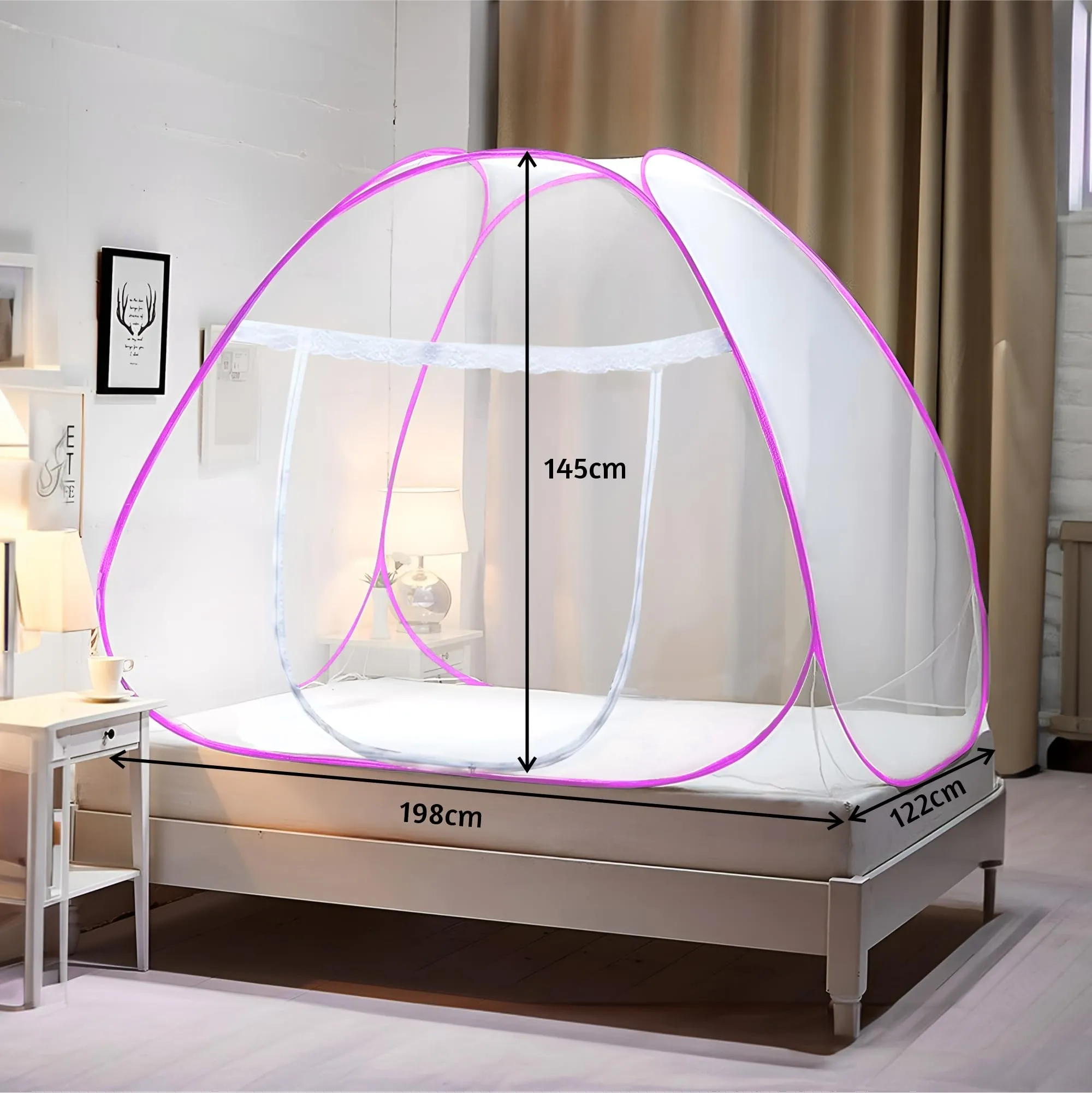 Kuber Industries Mosquito Net | Nylon Double Bed Mosquito Net | Foldable Machardani | Mosquito Net for Bedroom | Outdoor Trip Mosquito Net | 6.5x6.5 Feet | Pink