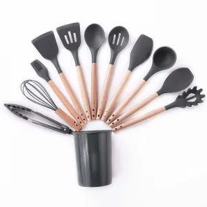Kuber Industries Set of 12 Heat Resistant Silicone Spatula for Kitchen with Wooden Handle & Stainless Steel Whiskers | Ladle/Spatula for Non Stick Pan | DSUSHA001-1 - Dark Grey & Wooden