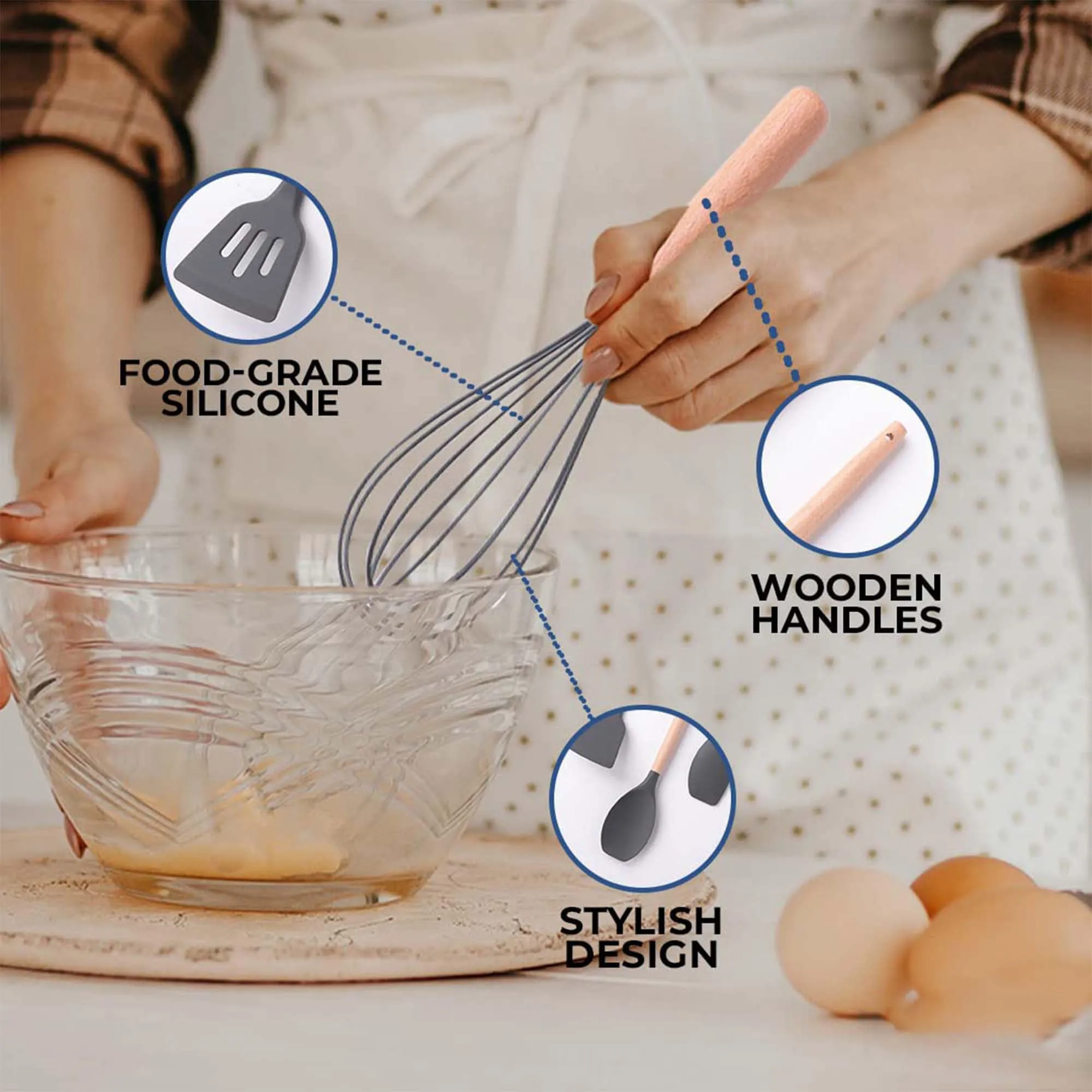 Kuber Industries Set of 12 Heat Resistant Silicone Spatula for Kitchen with Wooden Handle & Stainless Steel Whiskers | Ladle/Spatula for Non Stick Pan | DSUSHA001-1 - Dark Grey & Wooden