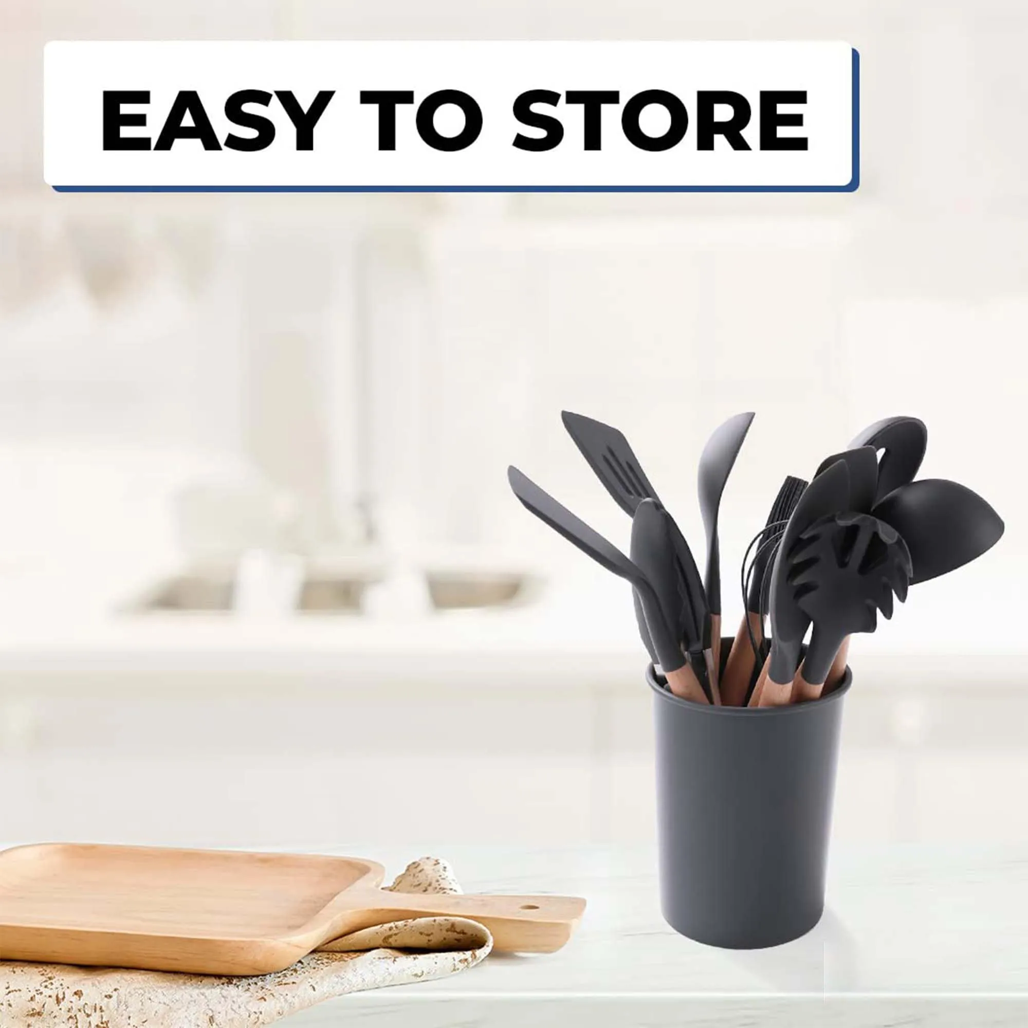 Kuber Industries Set of 12 Heat Resistant Silicone Spatula for Kitchen with Wooden Handle & Stainless Steel Whiskers | Ladle/Spatula for Non Stick Pan | DSUSHA001-1 - Dark Grey & Wooden
