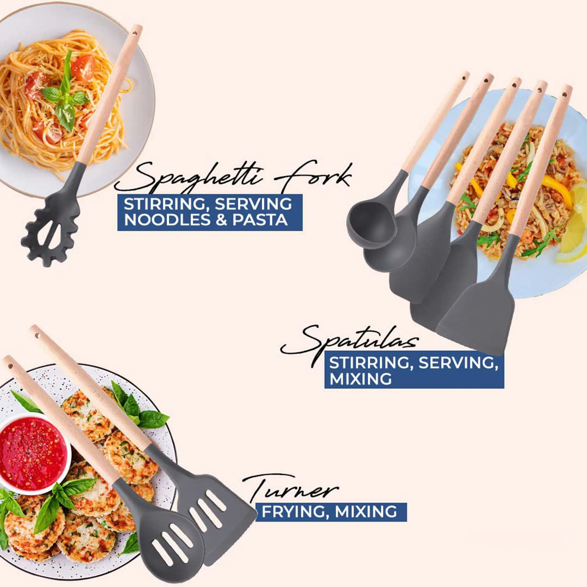 Kuber Industries Set of 12 Heat Resistant Silicone Spatula for Kitchen with Wooden Handle & Stainless Steel Whiskers | Ladle/Spatula for Non Stick Pan | DSUSHA001-1 - Dark Grey & Wooden