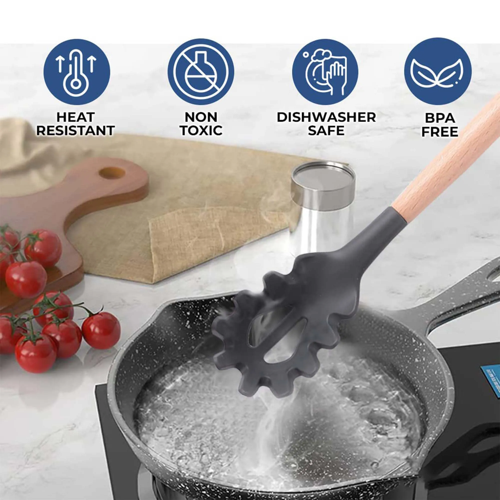 Kuber Industries Set of 12 Heat Resistant Silicone Spatula for Kitchen with Wooden Handle & Stainless Steel Whiskers | Ladle/Spatula for Non Stick Pan | DSUSHA001-1 - Dark Grey & Wooden