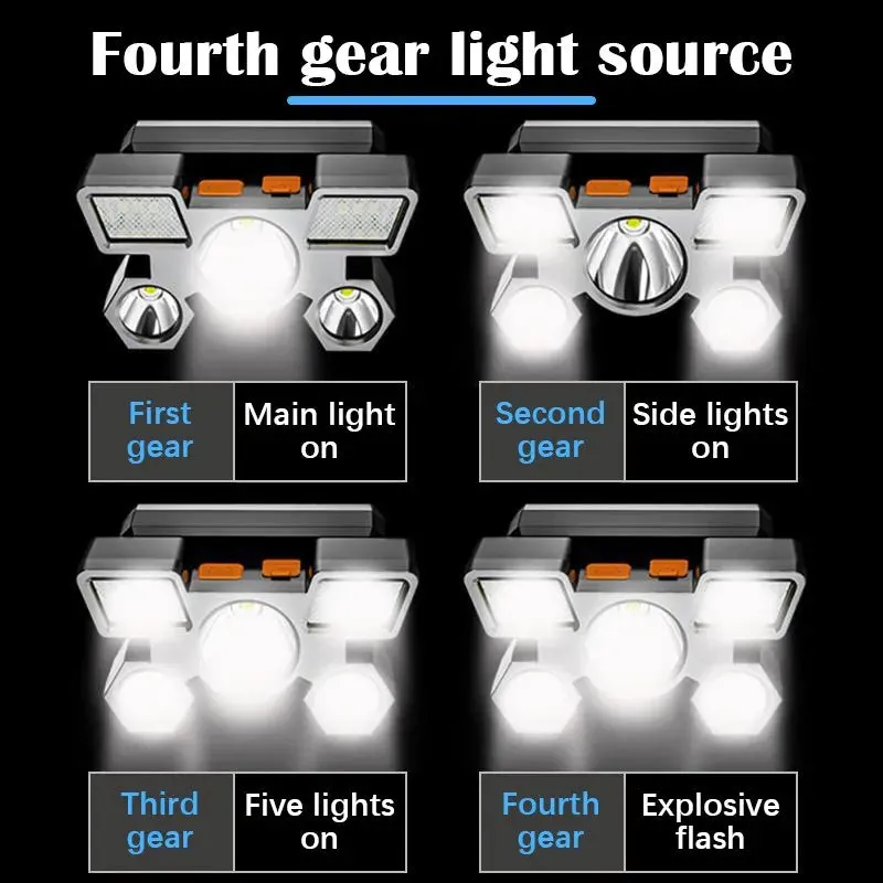 Led Five Head Headlight Strong Light Super Bright Rechargeable Fishing Lamp Long Range Head Mounted Mine Lamp Flashlight