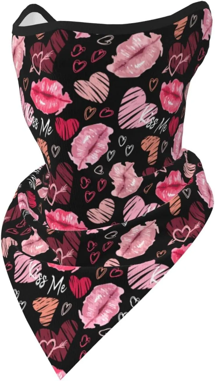 Lips in A Watercolor Style and Hearts Ear Loop Triangle Neck Gaiter Mesh Face Mask Bandana Balaclava Triangle Flag Face Scarf Headwear for Men Women Outdoors Sports Black