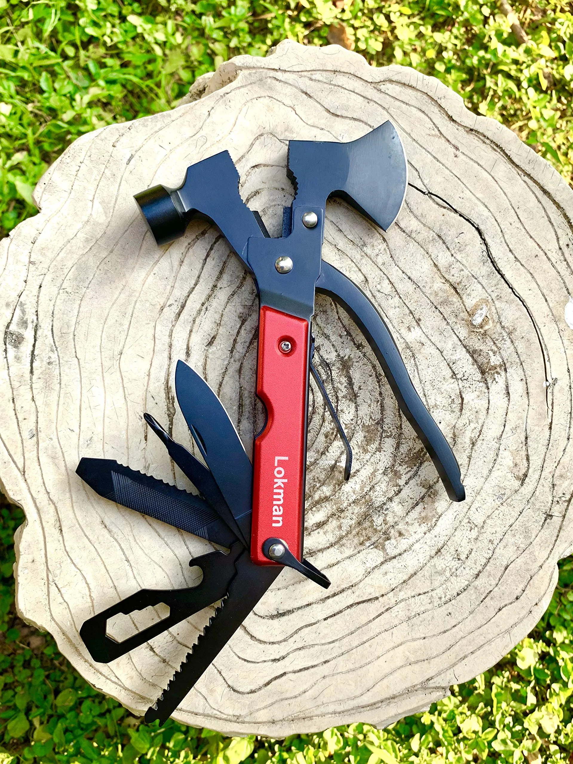 LOKMAN 14 in 1 Stainless Steel Multitool for Camping, Survival Kit, Outdoors, Car Emergency with Hammer, Axe, Knife, Plier, Screwdrivers,Wrench, Bottle Opener  - Thanks Giving Gift for Father