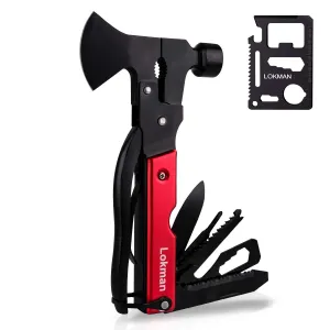 LOKMAN 14 in 1 Stainless Steel Multitool for Camping, Survival Kit, Outdoors, Car Emergency with Hammer, Axe, Knife, Plier, Screwdrivers,Wrench, Bottle Opener  - Thanks Giving Gift for Father