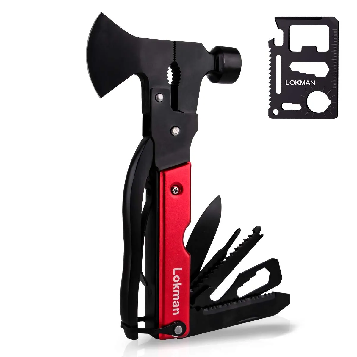 LOKMAN 14 in 1 Stainless Steel Multitool for Camping, Survival Kit, Outdoors, Car Emergency with Hammer, Axe, Knife, Plier, Screwdrivers,Wrench, Bottle Opener  - Thanks Giving Gift for Father