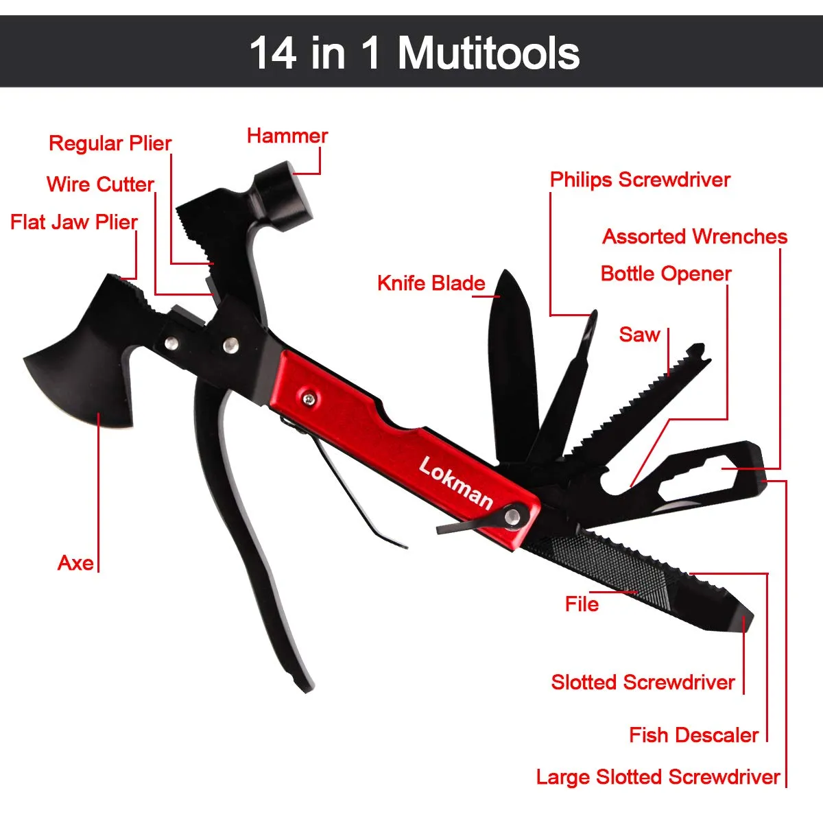 LOKMAN 14 in 1 Stainless Steel Multitool for Camping, Survival Kit, Outdoors, Car Emergency with Hammer, Axe, Knife, Plier, Screwdrivers,Wrench, Bottle Opener  - Thanks Giving Gift for Father