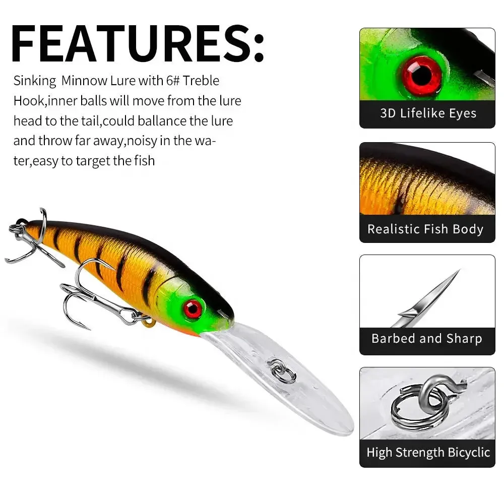 Lureswholesale® Sinking Minnow Fishing Lure with Treble Hooks 3D Eyes