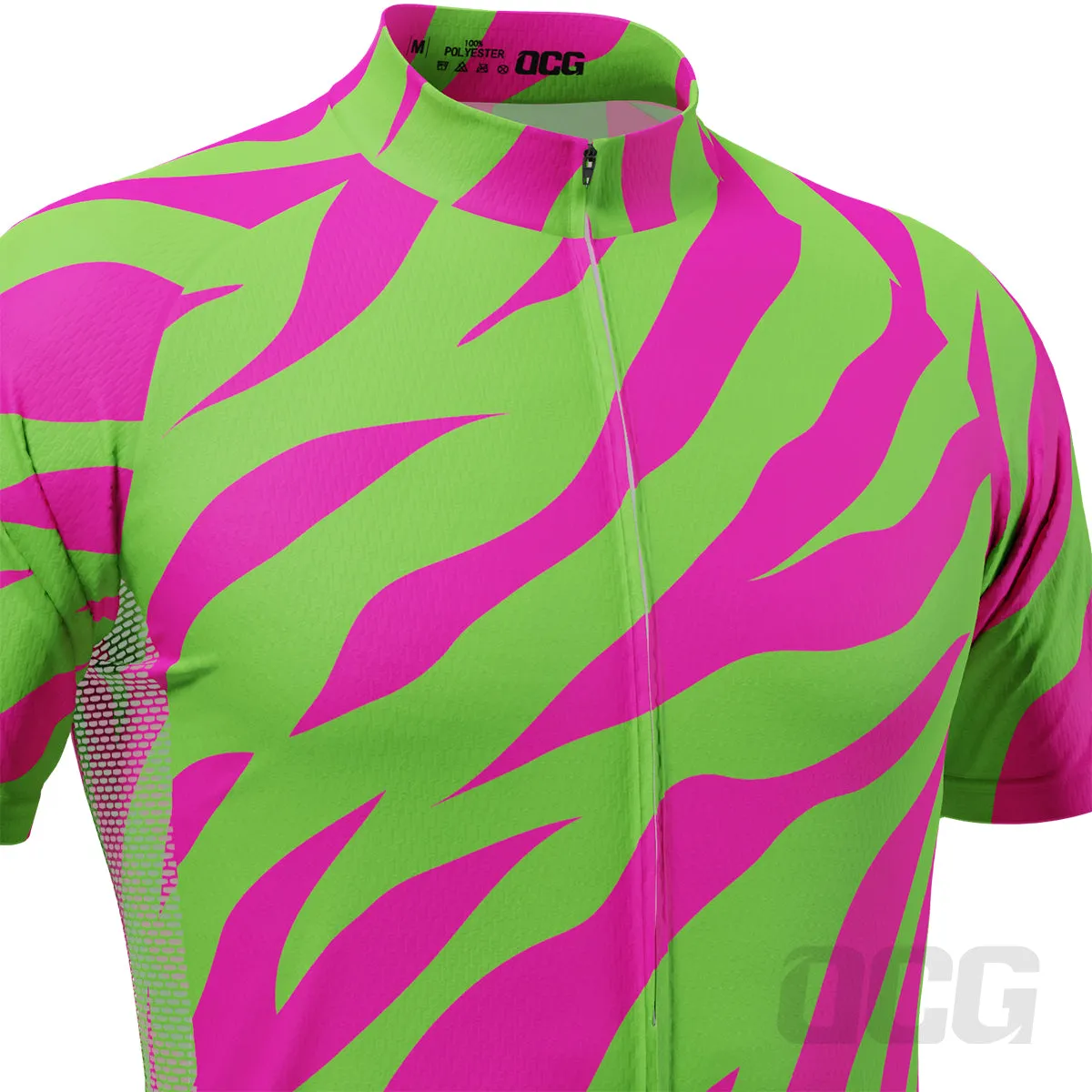 Men's Green & Pink Tiger Print Short Sleeve Cycling Jersey