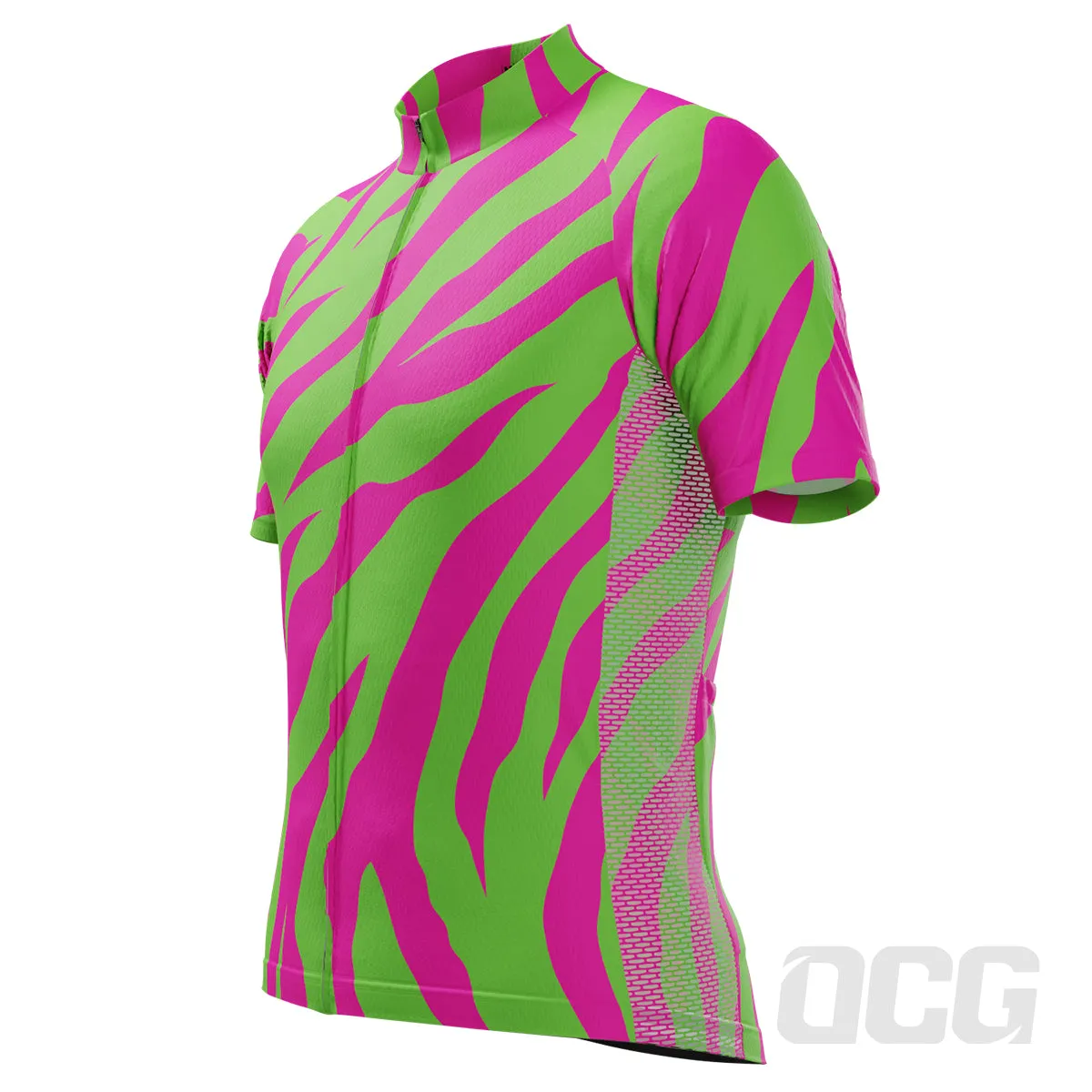 Men's Green & Pink Tiger Print Short Sleeve Cycling Jersey