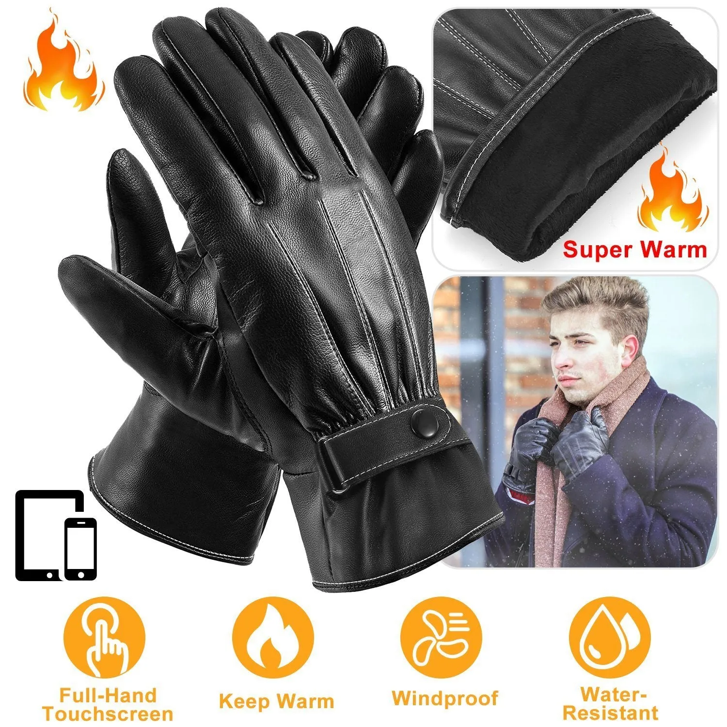 Men's Leather Winter Gloves Touchscreen