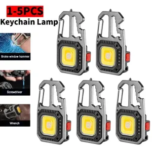 Mini LED Flashlight Work Light Rechargeable Keychain Lamp Outdoor Camping Torch Portable Pocket Wrench Screwdriver Safety Hamme
